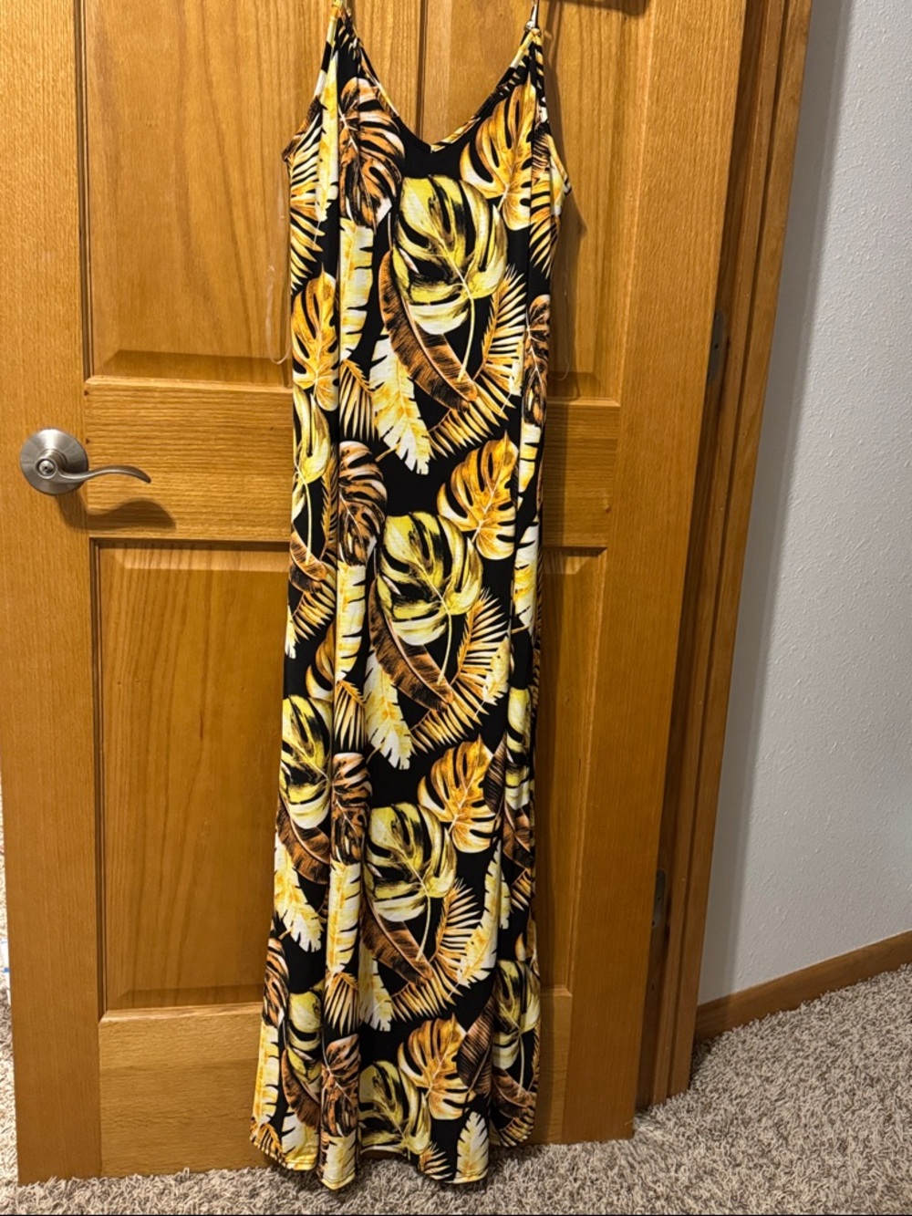 Tropical Black Maxi Dress with Yellow Leaf Print